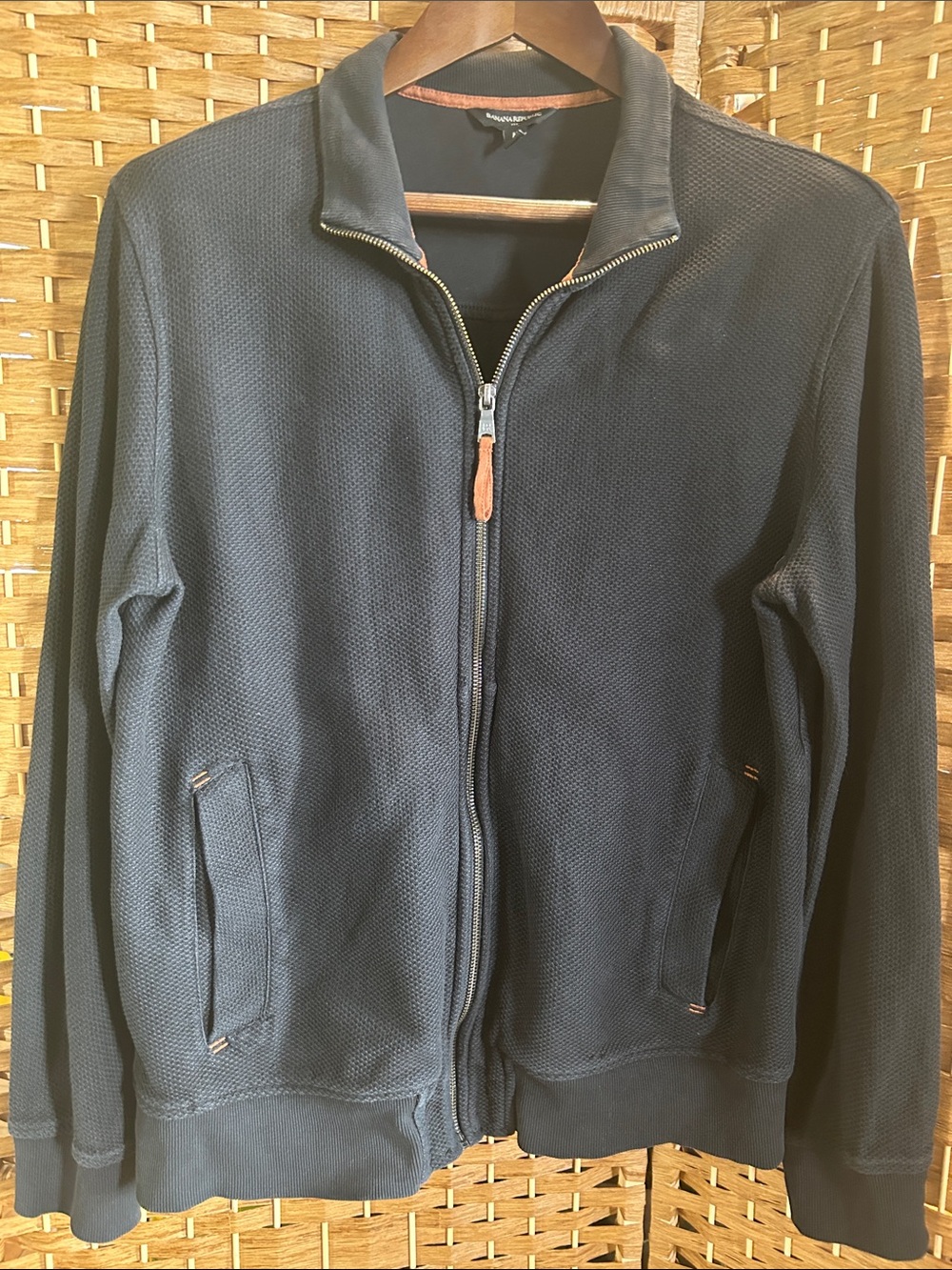 Banana Republic Textured Zip Jacket Cotton Textured Knit Faux Leather Trim M